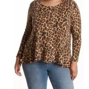 NWT Love Ady Leopard Print Waffle Knit Peplum Hem L/S Top Women’s Plus Size 3X